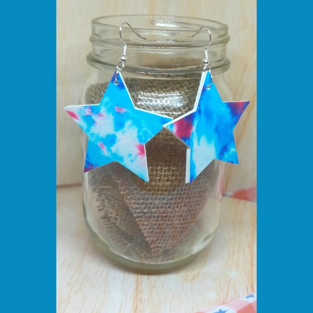 3/20 Tie dye Star vegan leather patriotic earrings